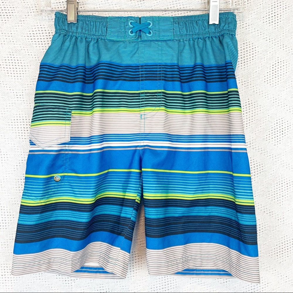 OT Revolution Boys M 8/10 Blue Striped Swim Trunks Mesh Lined Pockets Elastic
